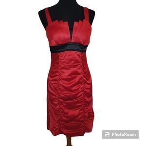 Y2K Red and black Satin V Ruched Satin Cami Bodycon Dress